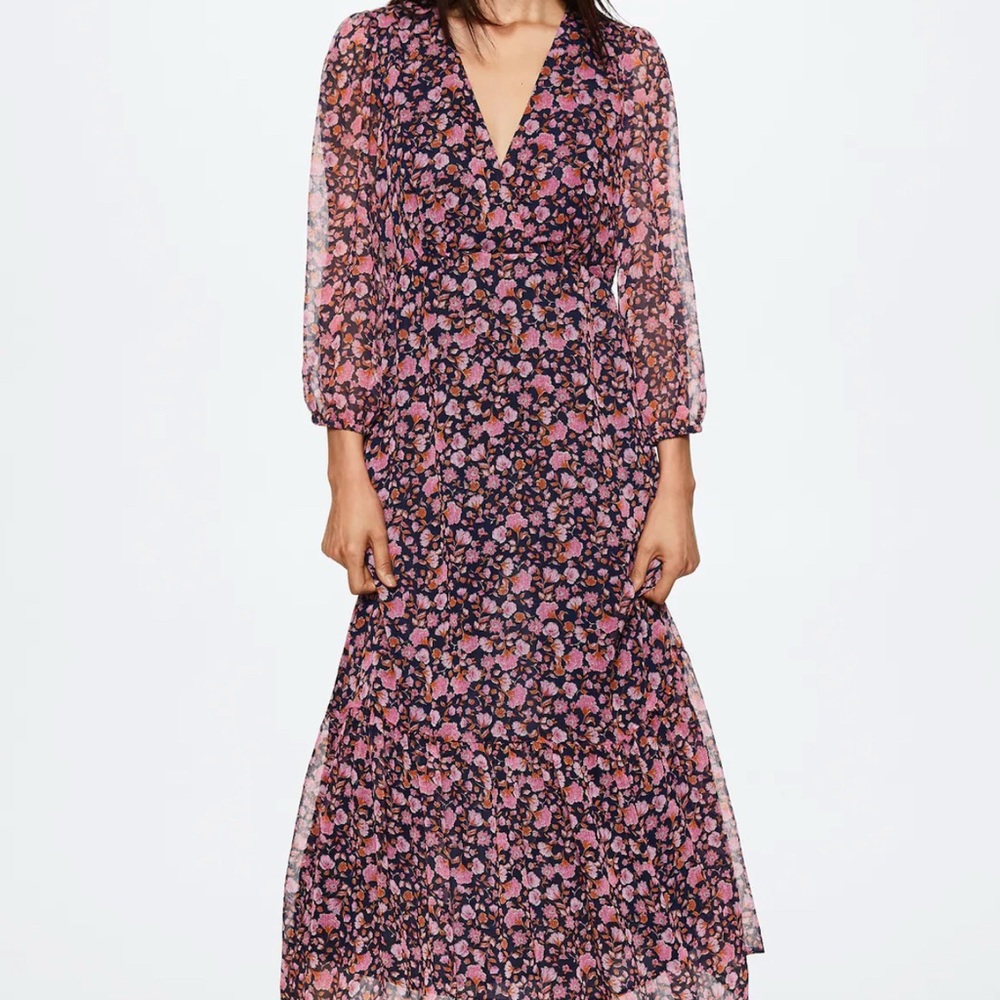 Mango Red and Pink Ruffled Wrap Midi Dress